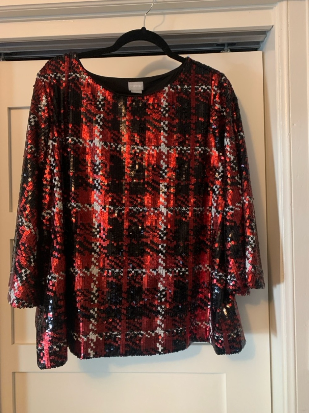 Chico's Sequined Plaid Top in Red and Black